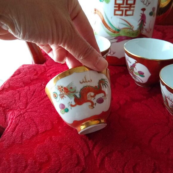 Vintage Chinese porcelain tea pot cups set dragon phoenix double happiness - Picture 5 of 13